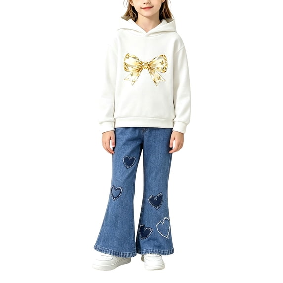 LNMQLPDBS Girls Hoodie Set Toddler Cute Graphic Pullover and Flared Jean Kids Casual 2 Piece Set Sweatshirt with Denim Pants Matching Set for Outdoor School Daily Wear