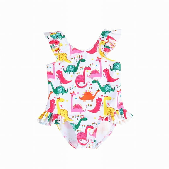 LNMQLPDBS Girls One Piece Swimsuits Cartoon Dinosaur Printed Ruffle Trim Fly Sleeve Bodysuit Baby Girl Swimsuit 12-18 Months Toddler Summer Beach Bathing Suits Cute Swimwear for Vacation