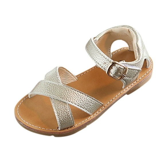 LNMQLPDBS Girls Sandals Solid Color Adjustable Buckle Leather Open Toe Outdoor Cross Sandals Flat Non-Slip Summer Slippers Shoes Shoes for Girls Casual Trendy Beach Shoes Gold 15-18 Months