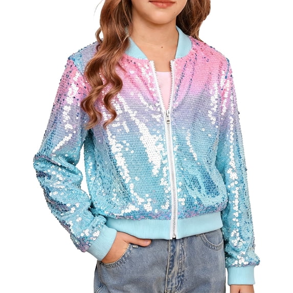 LNMQLPDBS Girls Shiny Sequin Bomber Jacket Full Zip Long Sleeve Casual Outerwear Sparkly Party Holiday Lightweight Jacket Fashion Kids Trendy Fall Winter Coat