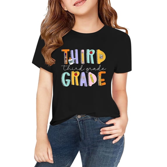 LNMQLPDBS Girls Shirts Toddler Girl Back to School Outfit Kindergarten Third Grade/Fourth Grade Short Sleeve T-Shirt First Day of School Tops Summer Clothes