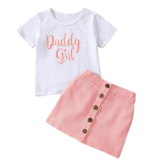 LNMQLPDBS Girls Skirt Set Short Sleeve Letters Print T Shirt & Pink Denim Skirt with Button 2pcs Outfits for 1 to 6 Years Trendy Classic Cute Summer Sets for School Vacation and Beach Play