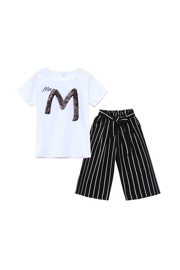 Girls Summer Sets Letter Flip Sequin Crewneck Short Sleeve T-Shirt & Vertical Stripes Loose Pants 2pcs Outfits Clothes for Teen Girls Thin Breathable Trendy Set White 9-11 Years