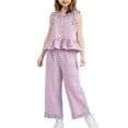 thumbnail image 1 of LNMQLPDBS Girls Summer Sets Puff Sleeve Ruffle Hem Floral Printed Top & Elastic Waist Pants 2pcs Outfits Summer Outdoor Casual Fashionable Suit Toddler Girl Clothes for Tour Vacation and Photo, 1 of 5
