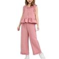 thumbnail image 1 of LNMQLPDBS Girls Summer Sets Puff Sleeve Ruffle Hem Floral Printed Top & Elastic Waist Pants 2pcs Outfits Summer Outdoor Casual Fashionable Suit Toddler Girl Clothes for Tour Vacation and Photo, 1 of 9