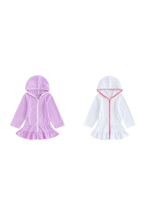 Girls Swim Cover Up Toddler Girl Long Sleeve Swimsuit Beach Dress Baby Beach Towel Ruffle Toddler Swim Cover Up Terry Bathrobe Hooded Zip-Up Beach Bathing Suit Wraps * 2pcs