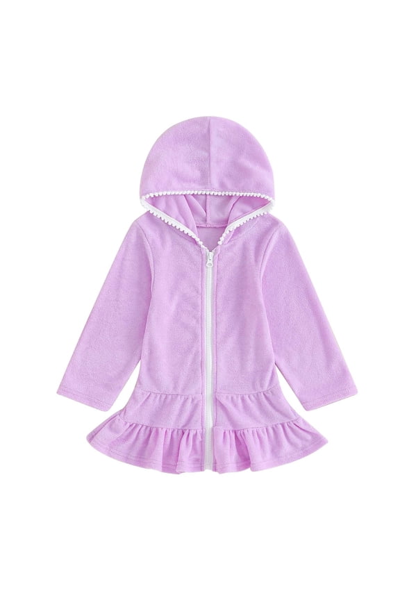 Girls Swim Cover Up Toddler Girl Long Sleeve Swimsuit Beach Dress Baby Beach Towel Ruffle Toddler Swim Cover Up Terry Bathrobe Hooded Zip-Up Beach Bathing Suit Wraps