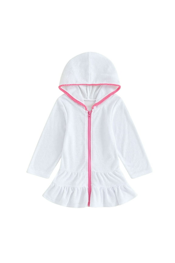 Girls Swim Cover Up Toddler Girl Long Sleeve Swimsuit Beach Dress Baby Beach Towel Ruffle Toddler Swim Cover Up Terry Bathrobe Hooded Zip-Up Beach Bathing Suit Wraps