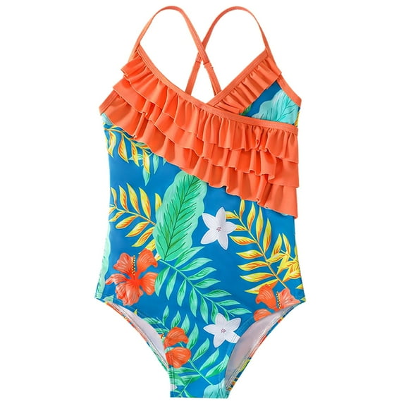 LNMQLPDBS Girls Swimsuit Adjustable Shoulder Beach Beach Swimwear Tropical Botanical Floral Printed Ruffle Trim Spaghetti Straps Back Cross One Pieces Swimsuit 5t Girls Summer Hawaiian Bathing Suit