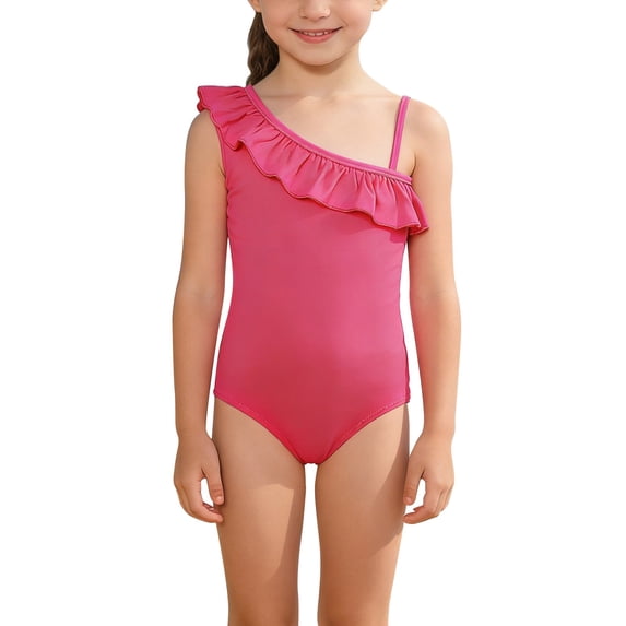 LNMQLPDBS Girls Swimsuit Summer Cute Ruffle Trim Sleeveless One Piece Swimsuit with Cut-Out Sides One Shoulder Hawaiian Bikini for Kids Trendy Beach Bathing Suits