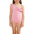 thumbnail image 1 of LNMQLPDBS Girls Swimsuit Summer Cute Ruffle Trim Sleeveless One Piece Swimsuit with Cut-Out Sides One Shoulder Hawaiian Bikini for Kids Trendy Beach Bathing Suits, 1 of 4