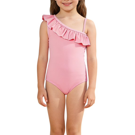 LNMQLPDBS Girls Swimsuit Summer Cute Ruffle Trim Sleeveless One Piece Swimsuit with Cut-Out Sides One Shoulder Hawaiian Bikini for Kids Trendy Beach Bathing Suits