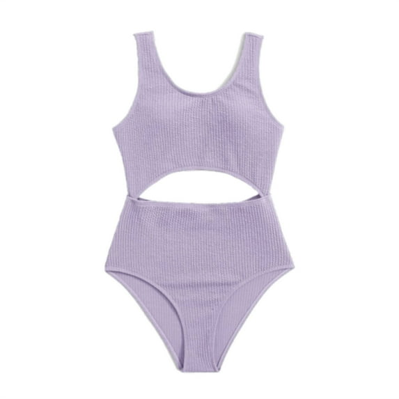 LNMQLPDBS Girls' Swimwear One Piece Swimsuit Solid Color Cut Out Ribbed Bathing Suit Crewneck Standard Straps Swimwear Solid Color Summer Sport Basic Bikini Set for Beach Purple 12-13 Years