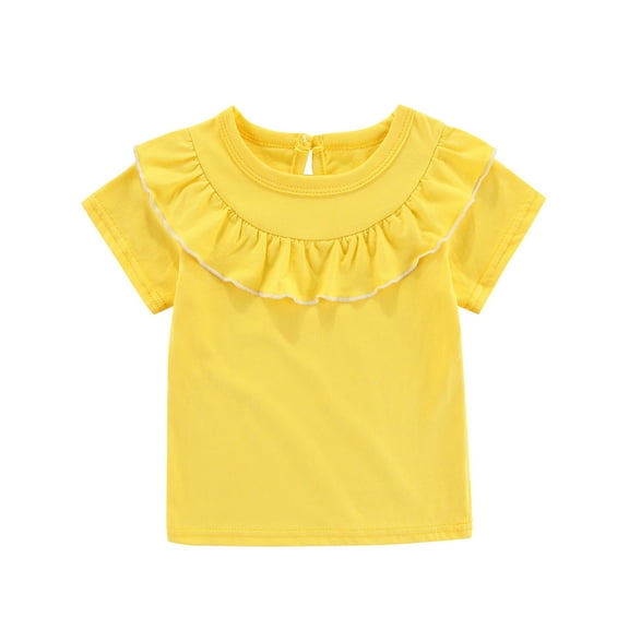 LNMQLPDBS Girls' Tops, Tees & Blouses Solid Color Short Sleeve Crewneck Shirts Multilayer Ruffle Edge Cute Tops Baby Girl Gifts Summer Clothes for Party Family Photo Yellow 9-10 Years