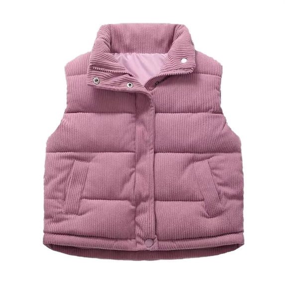 LNMQLPDBS Girls Winter Puffy Down Vest Corduroy Quilted Stand Collar Sleeveless Warm Outerwear Casual Lightweight Insulated Gilet for Little Kids Toddler Outdoor Daily Wear