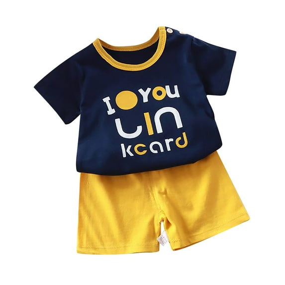 LNMQLPDBS Kid Toddler Boy Summer Clothes 2pcs Outfits Animal Letters Printed Short Sleeve T-Shirt with 2 Shoulder Buttons for Easy-Dress & Solid Color Shorts Baby Boys Summer Outfits Set