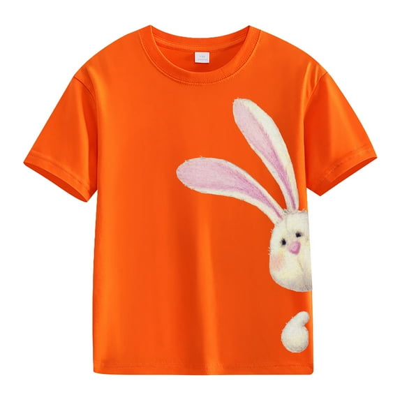 LNMQLPDBS Kids Easter Shirt Girls Cute Comfortable Easter Bunny Printed Short Sleeve Crewneck Tshirts Spring and Autumn New Fashionable Tops Orange 8-9 Years