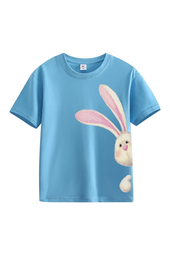 Kids Easter Shirt Girls Cute Comfortable Easter Bunny Printed Short Sleeve Crewneck Tshirts Spring and Autumn New Fashionable Tops Sky Blue 3-4 Years