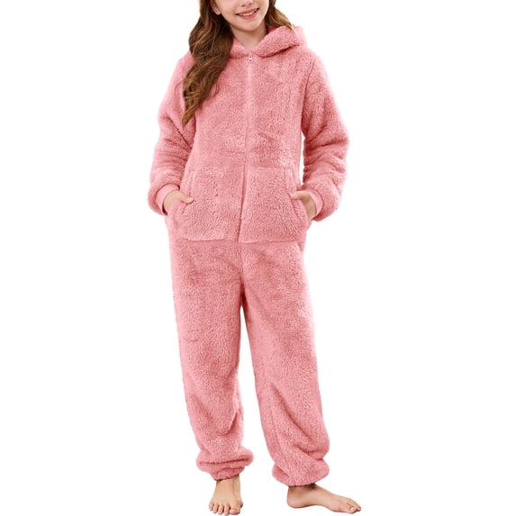 LNMQLPDBS Kids Fuzzy Sherpa Hooded Onesie Cozy Warm Zip Up Jumpsuit with Pockets Casual Cold Weather Loungewear Daily Soft Comfy Full Body Home Wear