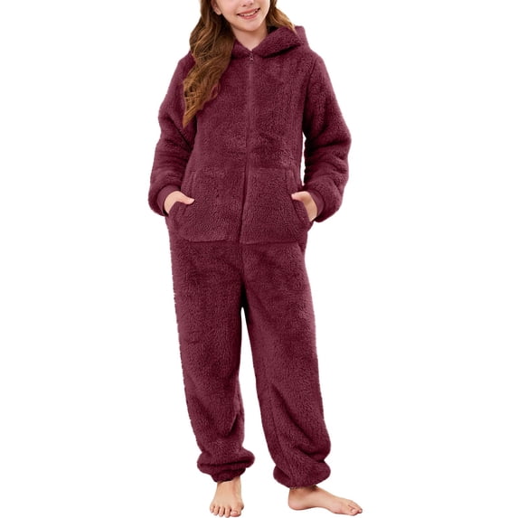 LNMQLPDBS Kids Fuzzy Sherpa Hooded Onesie Cozy Warm Zip Up Jumpsuit with Pockets Casual Cold Weather Loungewear Daily Soft Comfy Full Body Home Wear