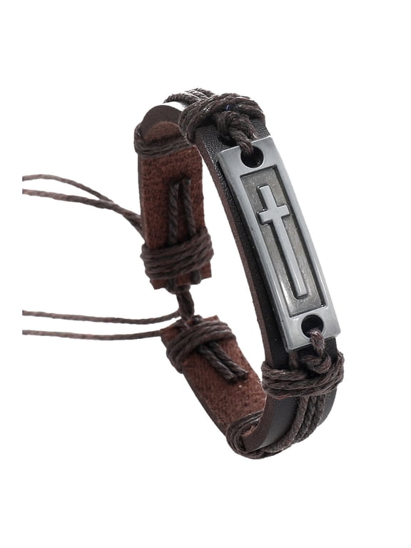 Leather Cross Bracelet for Teen Boy or Men,Baptism, Christmas Stocking Stuffers Adjustable Wrap Bracelet