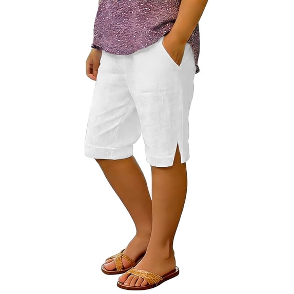 LNMQLPDBS Linen Capri Shorts for Girls Petite Bermuda Shorts Teen Girl Knee Length Drawstring Pants Elastic Waist Casual Summer Beach Long Shorts