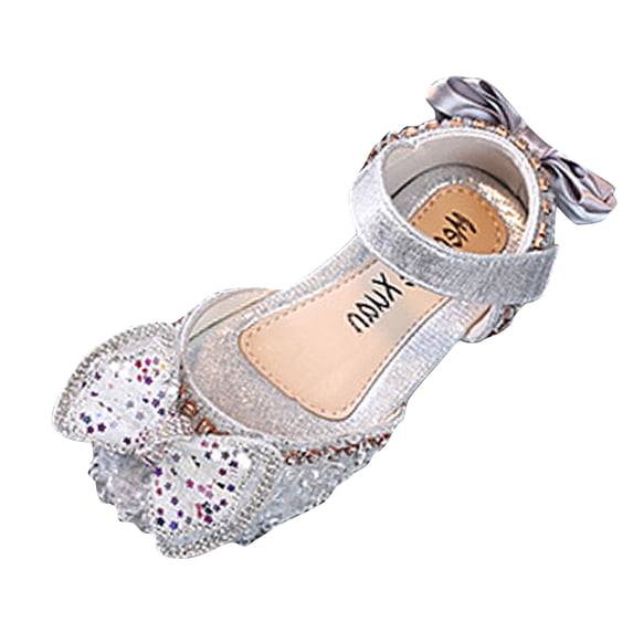 LNMQLPDBS Little Girl Shoes Flat Non-Slip Dress Shoes Dance Show Performance Shoes with Beautiful Bowknot Decoration Princess Dress Shoes for Communion Party and Wedding Silver 10-10.5 Years