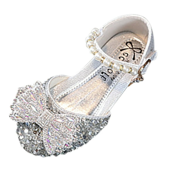 LNMQLPDBS Little Girl Shoes Girls Adjustable Buckle Performance Shoes Soft Sole Non-Slip Dance Shoes Glitter Sequins Bowknot Decoration Pearl Buckle Princess Shoes Baby Dress Shoes Silver 8-9 Years