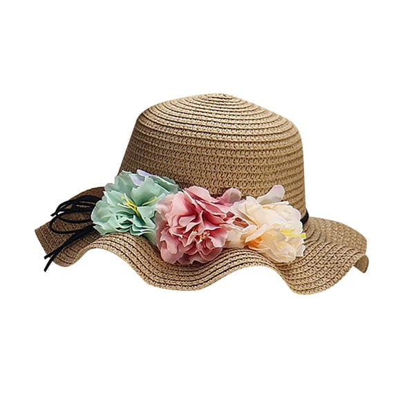 LNMQLPDBS Little Girls Straw Sun Hat with Colorful Beauty Flowers Summer Beach Cap Ruffle Foldable Sun Visor Hats Wide Brim Floppy Hats Spring Summer Outdoor Shade Hat for Tea Party Tourism