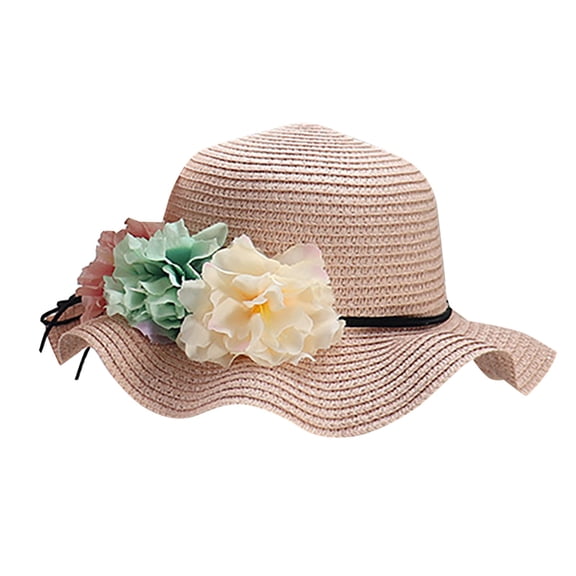 LNMQLPDBS Little Girls Straw Sun Hat with Colorful Beauty Flowers Summer Beach Cap Ruffle Foldable Sun Visor Hats Wide Brim Floppy Hats Spring Summer Outdoor Shade Hat for Tea Party Tourism