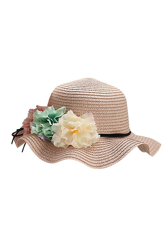 Little Girls Straw Sun Hat with Colorful Beauty Flowers Summer Beach Cap Ruffle Foldable Sun Visor Hats Wide Brim Floppy Hats Spring Summer Outdoor Shade Hat for Tea Party Tourism