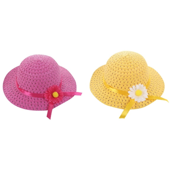 LNMQLPDBS Little Girls Sun Hat Summer Beach Cap Baby Girls Wide Brim Visor Hat Cute Summer Beach Hats with Sunflower Toddler Girl Gifts Straw Hat for Tea Party Holiday Hot Pink One Size *2PCS
