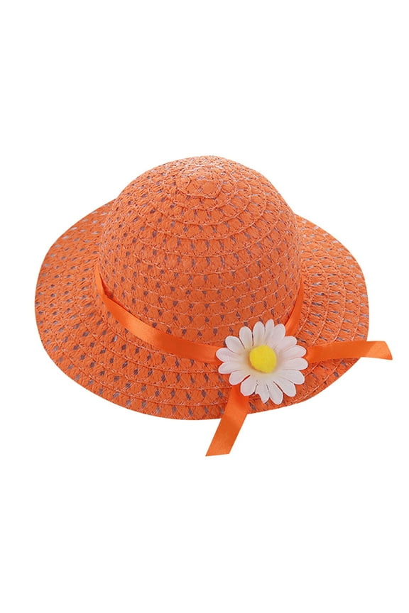 Little Girls Sun Hat Summer Beach Cap Baby Girls Wide Brim Visor Hat Cute Summer Beach Hats with Sunflower Toddler Girl Gifts Straw Hat for Tea Party Holiday Orange One Size