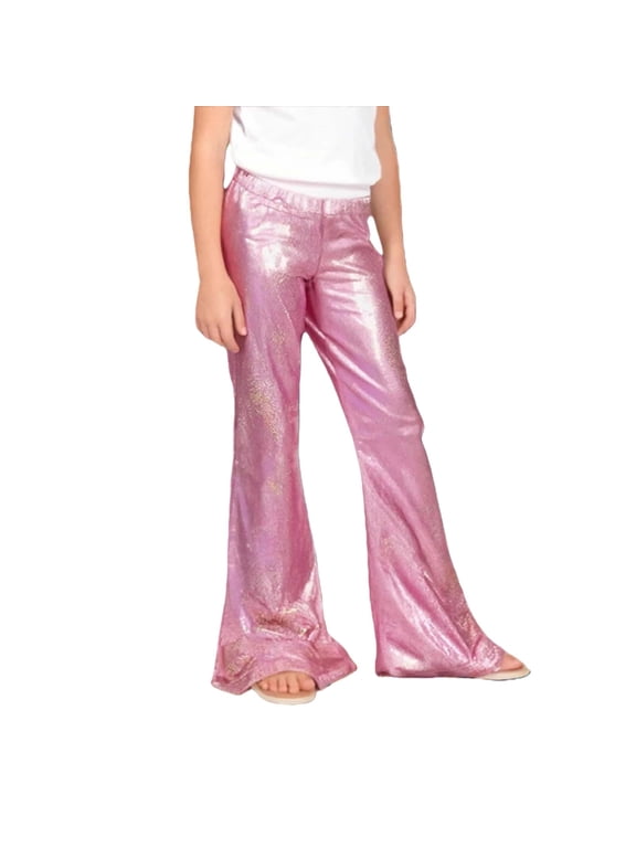 Metallic Flare Pants Girls Teen Tween Fall Winter Shiny Bell Bottoms Girls Clothing Elastic Waist Sparkly Party Dance Trousers Comfy Daily Wear