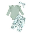 thumbnail image 1 of LNMQLPDBS Newborn Baby Girl Clothes Ribbed Long Sleeve Ruffle Romper + Floral Pants with Bowknot + Bow Headband Set Infant Girl Outfits Baby Shower Gifts Toddler Girl Sets for Outdoor, 1 of 9