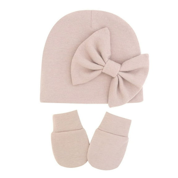 LNMQLPDBS Newborn Baby Hospital Hats Soft Beanie with Big Bow Soft Infant Caps Baby No Scratch Mittens Set for 0-6 Months Babies Gift Set for Boys Girls Cute Solid Color Infant Hat