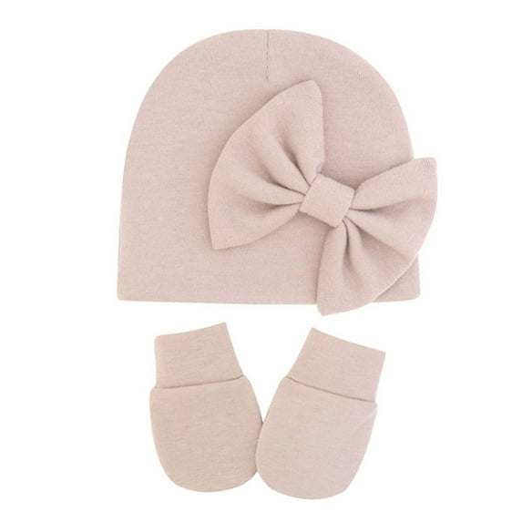 LNMQLPDBS Newborn Baby Hospital Hats Soft Beanie with Big Bow Soft Infant Caps Baby No Scratch Mittens Set for 0-6 Months Babies Gift Set for Boys Girls Cute Solid Color Infant Hat