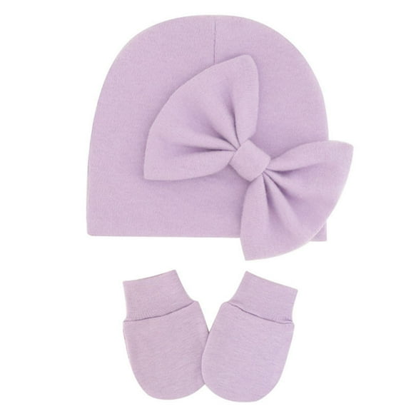 LNMQLPDBS Newborn Baby Hospital Hats Soft Beanie with Big Bow Soft Infant Caps Baby No Scratch Mittens Set for 0-6 Months Babies Gift Set for Boys Girls Cute Solid Color Infant Hat
