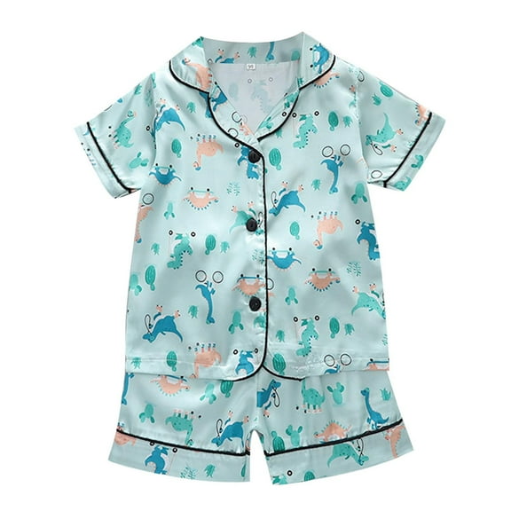 LNMQLPDBS Pajama Set Soft & Cute for Kids Silky Short Sleeve Shorts Pattern Printed Lapel Loungewear 1st Birthday Girl Outfit Satin Button Down Girls Boys Sleepwear for Summer
