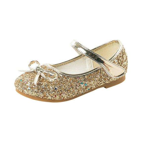 LNMQLPDBS Princess Shoes Little Kids Girls Glitter Sequins Low Heels Princess Dress Shoes with Bowknot Flower Girl Close-Toe Adjustable Strap Wedding Ballet Flats Shoes Party Dance Gold 5-5.5 Years