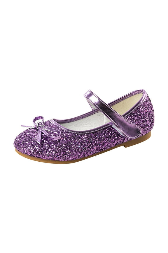 Princess Shoes Little Kids Girls Glitter Sequins Low Heels Princess Dress Shoes with Bowknot Flower Girl Close-Toe Adjustable Strap Wedding Ballet Flats Shoes Party Dance Purple 6-7 Years