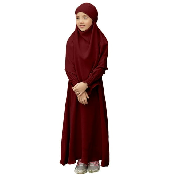 LNMQLPDBS Ramadan Girls Dresses Muslim Long Sleeve Dress One-Piece for Girl Wave Pattern Ruffle Edge Solid Color Islamic Prayer Dress with Hijab