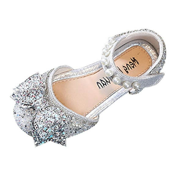 LNMQLPDBS Shoes for Girls Soft Sole Comfort Performance Dance Shoes for Childrens Pearl Decoration Glitter Sequins Dress Shoes with Big Bowknot Flower Girl Shoes Princess Shoes Silver 6-7 Years