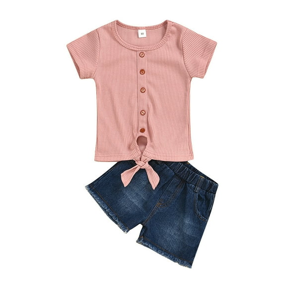 LNMQLPDBS Short Sets for Girls Solid Color Ribbed Button Decoration Short Sleeve T Shirt & Denim Shorts with Pockets 2pcs Outfits Toddler Girls Clothes Summer Casual Outdoor Suits Pink 3-4 Years