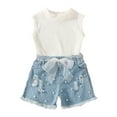 thumbnail image 1 of LNMQLPDBS Short Sets for Girls Solid Color Ribbed Button Decoration Short Sleeve T Shirt & Denim Shorts with Pockets 2pcs Outfits Toddler Girls Clothes Summer Casual Outdoor Suits, 1 of 9