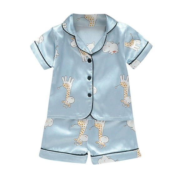 LNMQLPDBS Silk Pajamas for Girls Boys Pattern Print Button Down Lapel Loungewear Toddler pjs 3t Short Sleeve with Shorts Soft Sleepwear Baby Clothes Unisex Kids Summer Pajamas