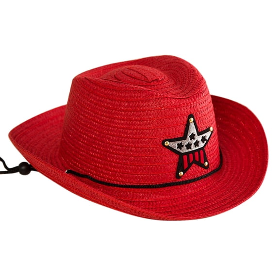 LNMQLPDBS Straw Cowboy Hat for Toddler Girls Boys Summer Beach Straw Sun Hat with Star Pattern Cowgirl Sun-Straw-Western-Hat for Kid Trendy Sun Protection Caps for Vacation Holiday Red 2-6 Years