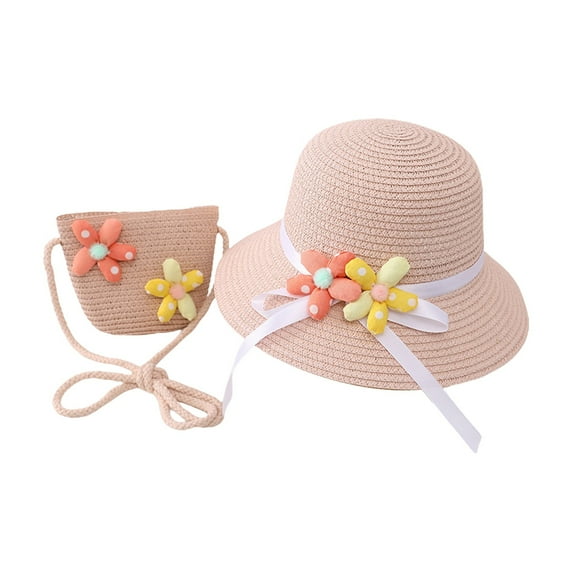 LNMQLPDBS Straw Sun Hat & Shoulder Bag Sets for Kids Summer Straw Hat for Girls Large Brim Beach Hat with Pretty Flower Baby Outdoor Sun Protection Hat Trendy Sunshade Cap for Tourism