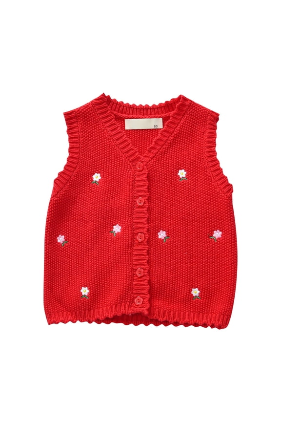 Sweater Vest Baby Girls Floral Embroided Crochet V-Neck Sleeveless Tops Ruffle Knit Button Down Vest Cute Cardigan for Spring Autumn Girls Tank Tops Red 2-3 Years
