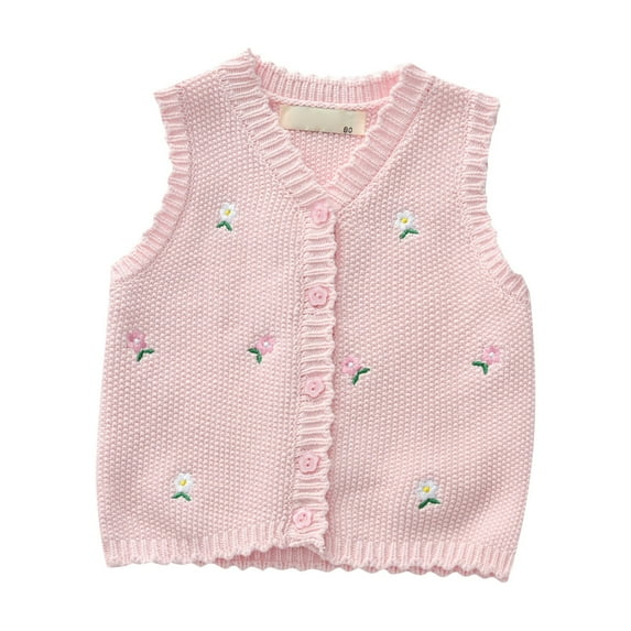LNMQLPDBS Sweater Vest Baby Girls Floral Embroided Crochet V-Neck Sleeveless Tops Ruffle Knit Button Down Vest Cute Cardigan for Spring Autumn Girls Tank Tops Pink 3-4 Years